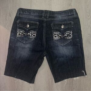 Rock Wrangler Dark Blue Jean Shorts with Frayed Hem and Symmetrical Embroidery